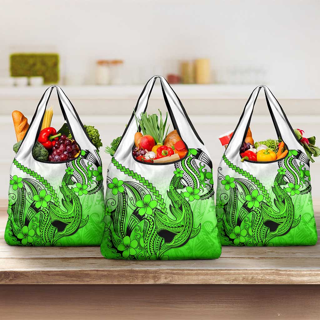 Green Gradient Hawaii Grocery Bag Polynesian Shark Tattoo With Plumeria