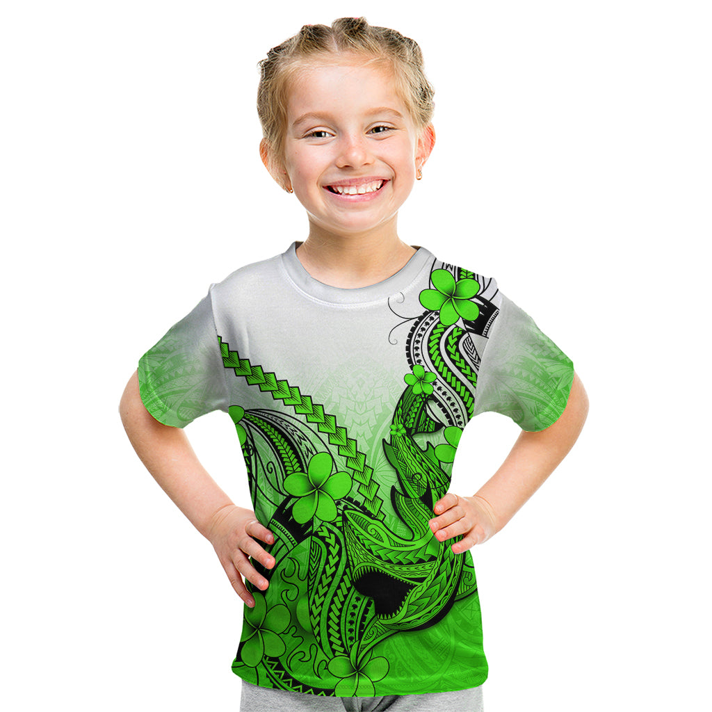 Hawaii Kid T Shirt Polynesian Shark Tattoo With Plumeria Green Gradient LT14 Green - Polynesian Pride
