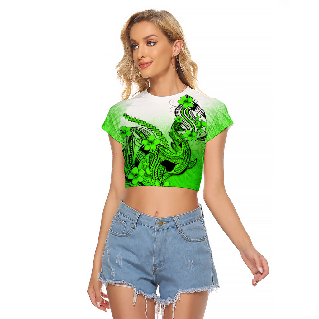 Hawaii Raglan Cropped T Shirt Polynesian Shark Tattoo With Plumeria Green Gradient LT14 Female Green - Polynesian Pride