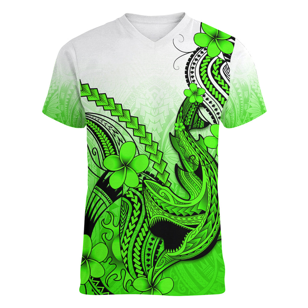 Hawaii Women V Neck T Shirt Polynesian Shark Tattoo With Plumeria Green Gradient LT14 Female Green - Polynesian Pride