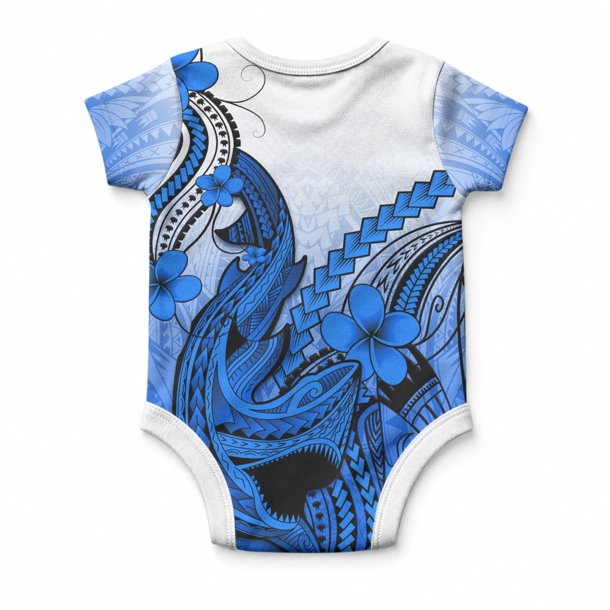 Hawaii Baby Onesie Polynesian Shark Tattoo With Plumeria Blue Gradient