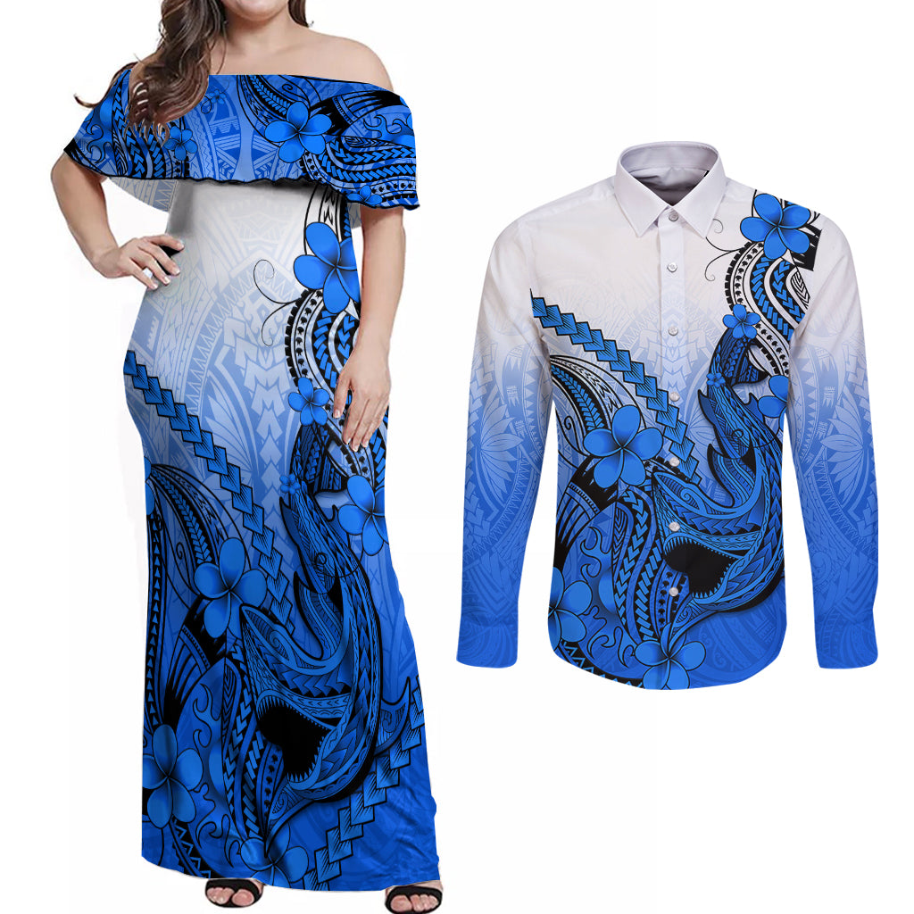 Hawaii Couples Matching Off Shoulder Maxi Dress and Long Sleeve Button Shirts Polynesian Shark Tattoo With Plumeria Blue Gradient LT14 Blue - Polynesian Pride