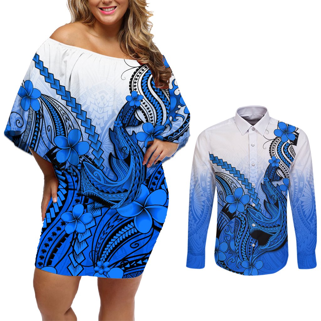 Hawaii Couples Matching Off Shoulder Short Dress and Long Sleeve Button Shirts Polynesian Shark Tattoo With Plumeria Blue Gradient LT14 Blue - Polynesian Pride