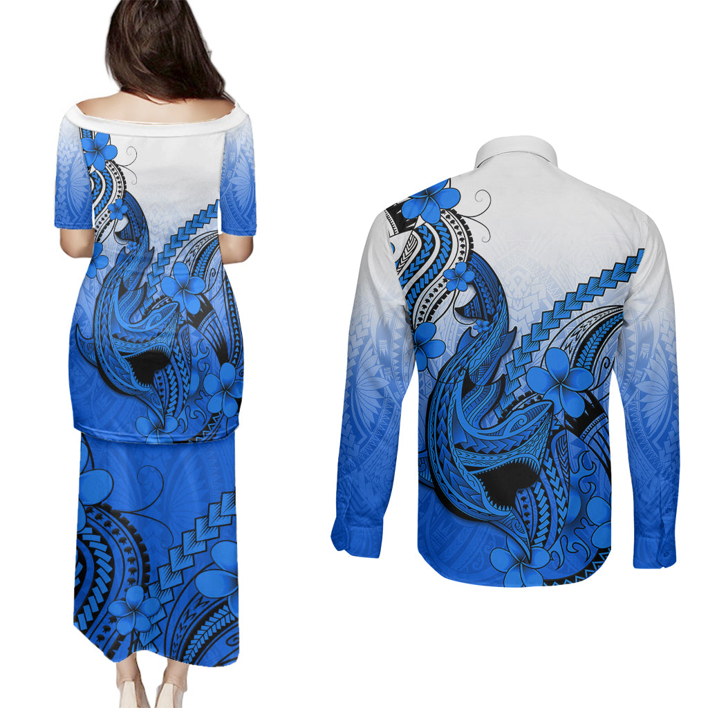 Hawaii Couples Matching Puletasi Dress and Long Sleeve Button Shirts Polynesian Shark Tattoo With Plumeria Blue Gradient LT14 - Polynesian Pride