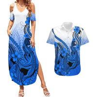 Hawaii Couples Matching Summer Maxi Dress and Hawaiian Shirt Polynesian Shark Tattoo With Plumeria Blue Gradient LT14 Blue - Polynesian Pride
