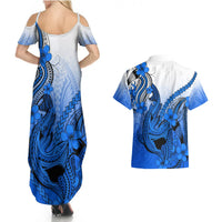 Hawaii Couples Matching Summer Maxi Dress and Hawaiian Shirt Polynesian Shark Tattoo With Plumeria Blue Gradient LT14 - Polynesian Pride