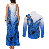 Hawaii Couples Matching Tank Maxi Dress and Long Sleeve Button Shirts Polynesian Shark Tattoo With Plumeria Blue Gradient LT14 - Polynesian Pride