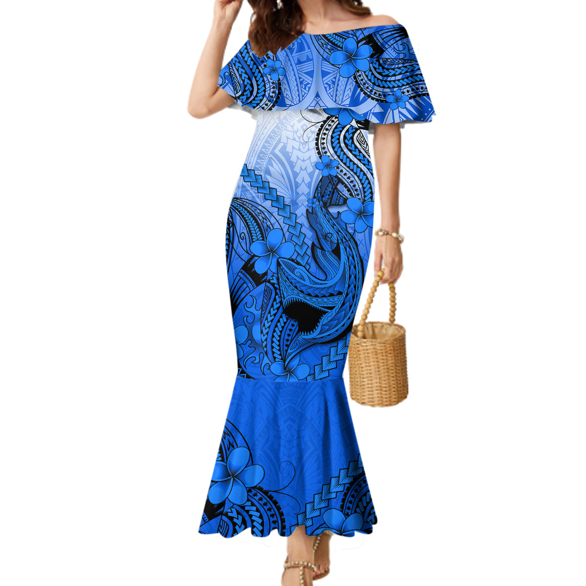 Blue Hawaii Family Matching Outfits Mermaid Dress And Hawaiian Shirt Polynesian Shark Tattoo LT14 Mom's Dress - Polynesian Pride