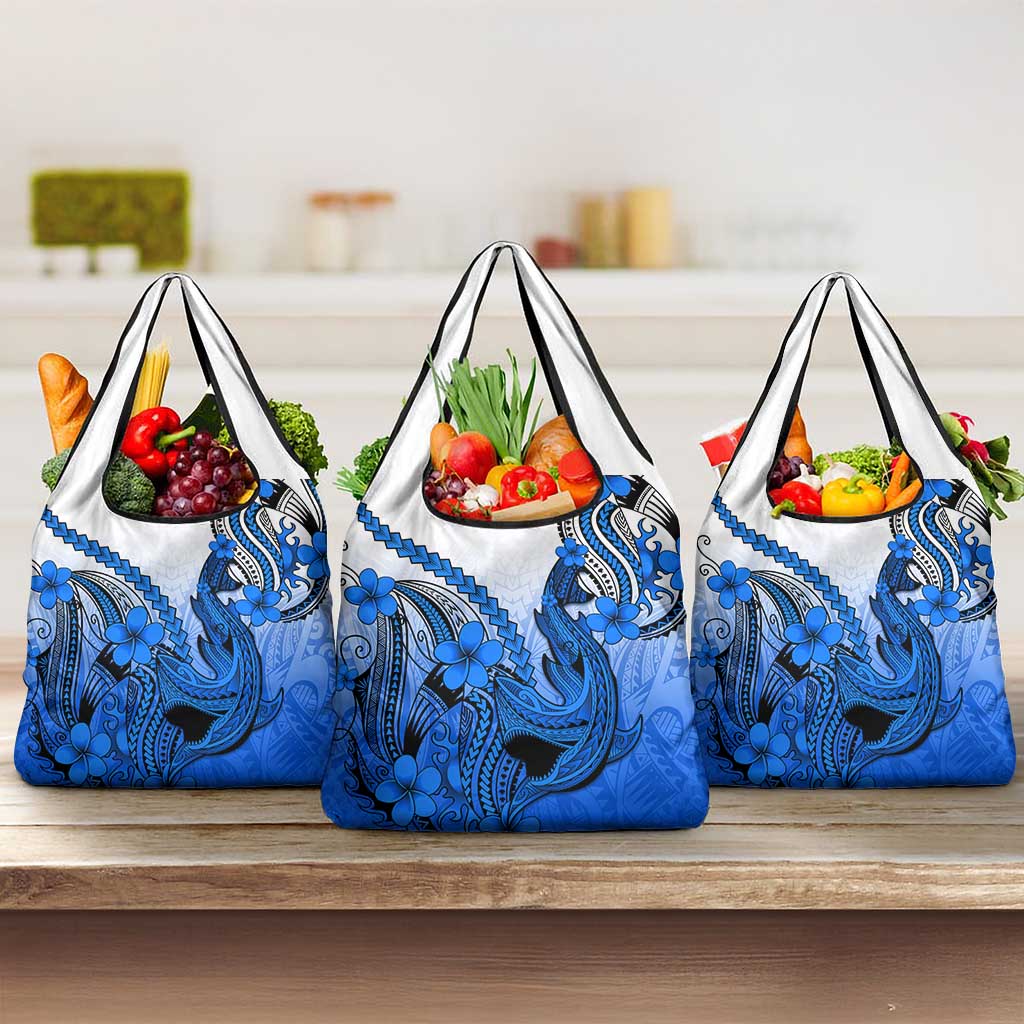 Blue Gradient Hawaii Grocery Bag Polynesian Shark Tattoo With Plumeria