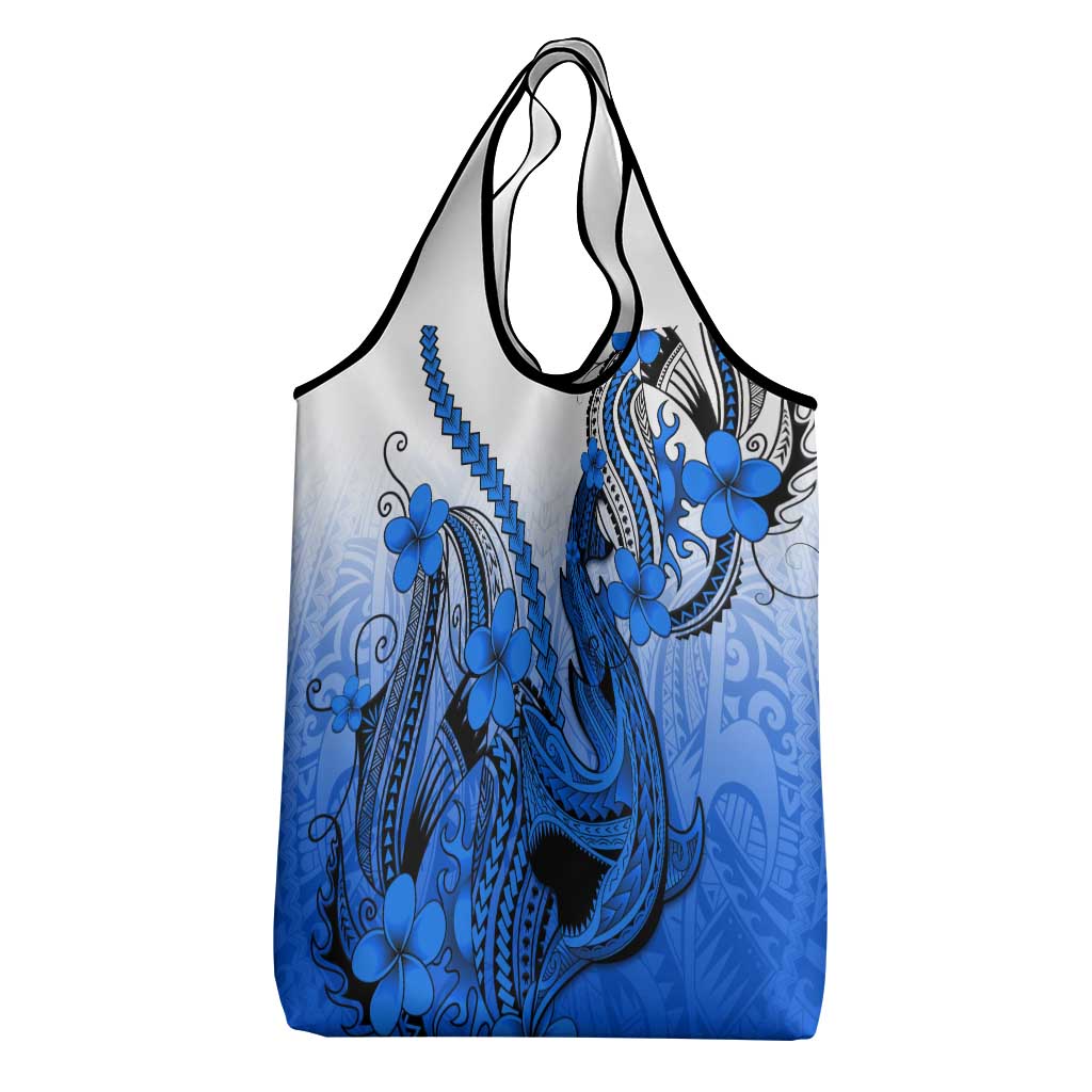 Blue Gradient Hawaii Grocery Bag Polynesian Shark Tattoo With Plumeria