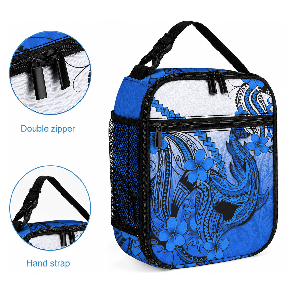 Hawaii Lunch Bag Polynesian Shark Tattoo With Plumeria Blue Gradient LT14 - Polynesian Pride