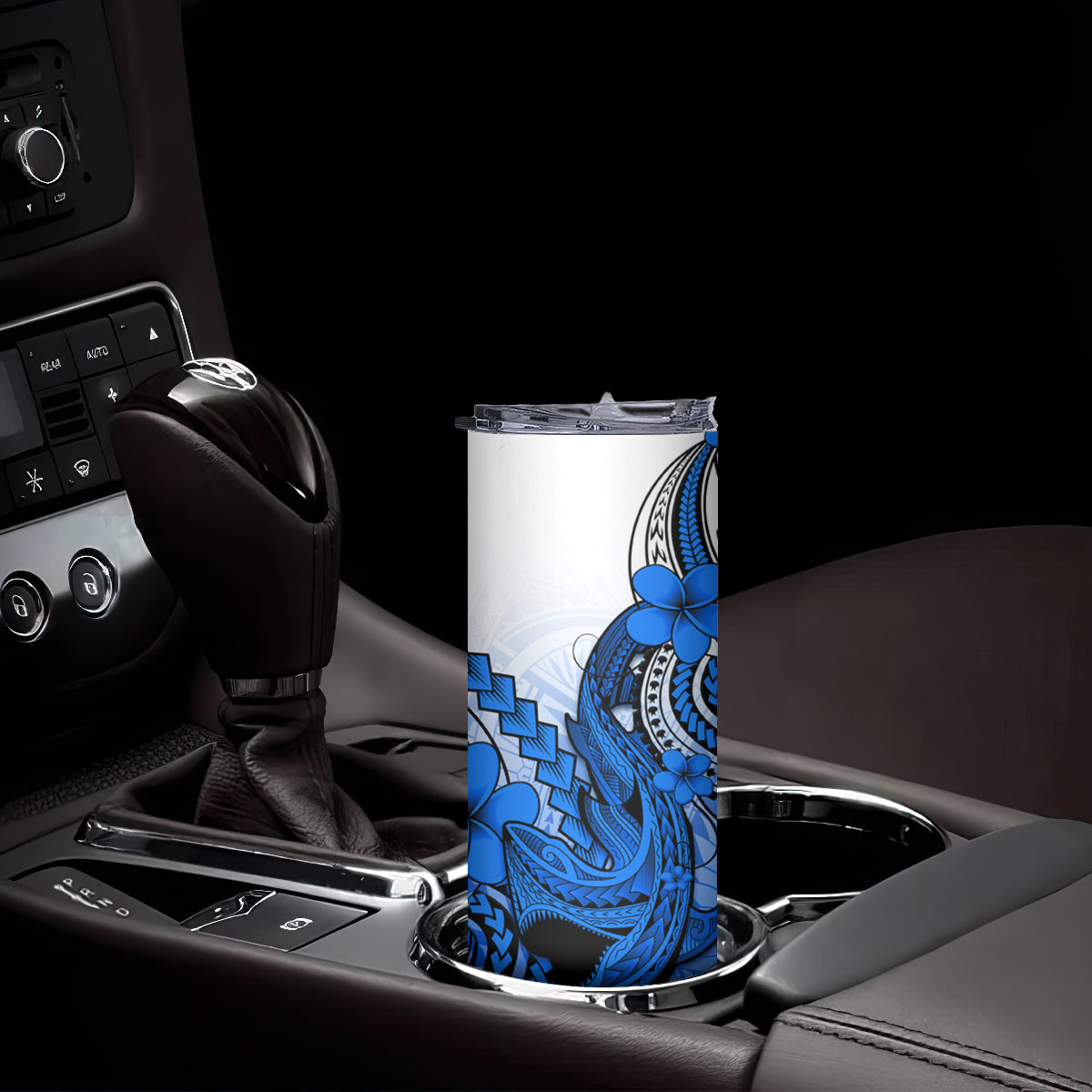 Hawaii Skinny Tumbler Polynesian Shark Tattoo With Plumeria Blue Gradient