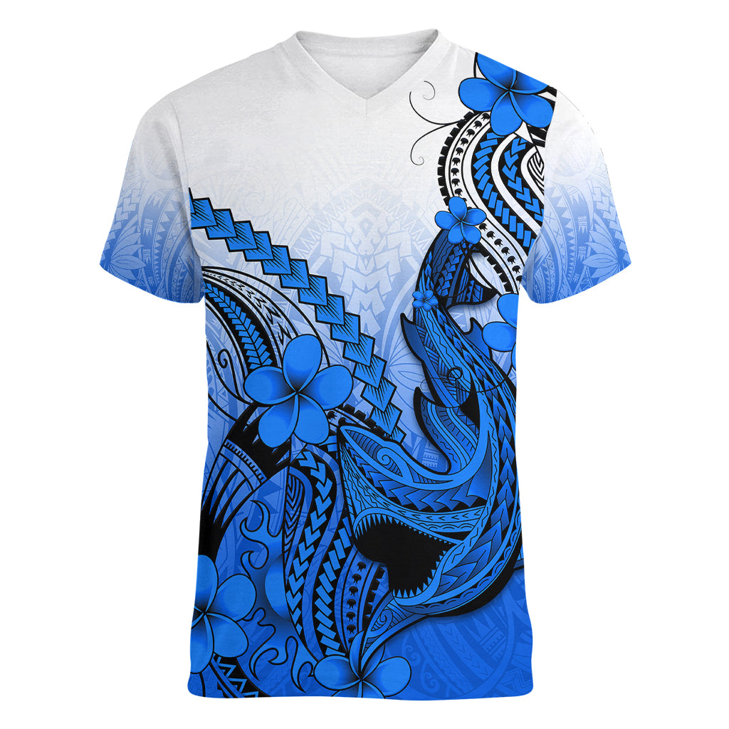 Hawaii Women V Neck T Shirt Polynesian Shark Tattoo With Plumeria Blue Gradient LT14 Female Blue - Polynesian Pride