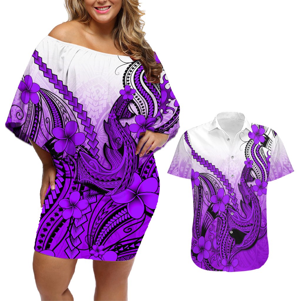Hawaii Couples Matching Off Shoulder Short Dress and Hawaiian Shirt Polynesian Shark Tattoo With Plumeria Purple Gradient LT14 Purple - Polynesian Pride