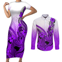 Hawaii Couples Matching Short Sleeve Bodycon Dress and Long Sleeve Button Shirts Polynesian Shark Tattoo With Plumeria Purple Gradient LT14 Purple - Polynesian Pride