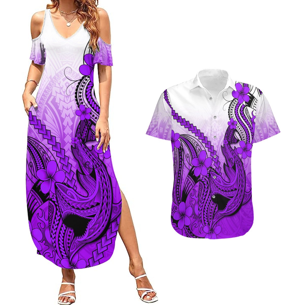 Hawaii Couples Matching Summer Maxi Dress and Hawaiian Shirt Polynesian Shark Tattoo With Plumeria Purple Gradient LT14 Purple - Polynesian Pride