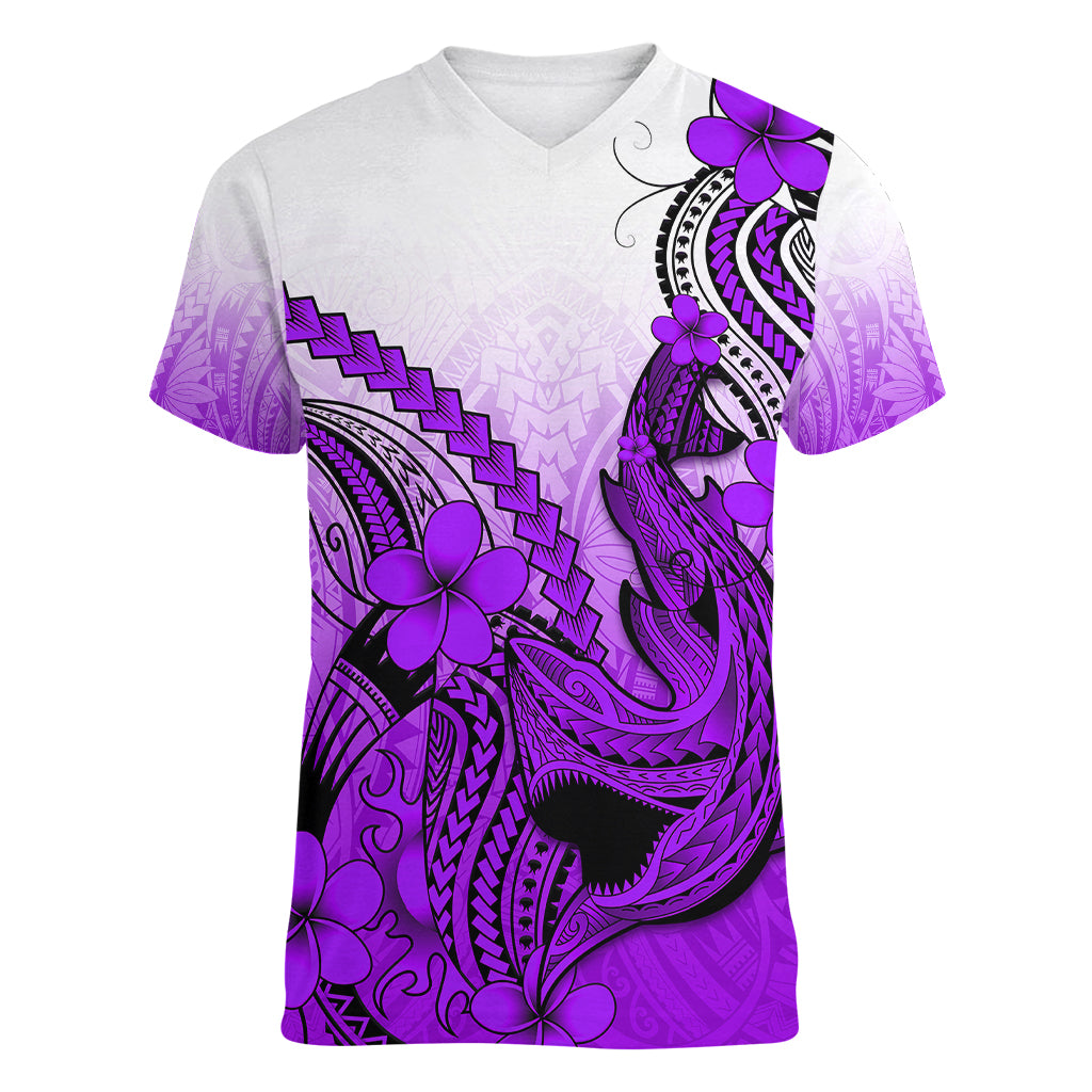Hawaii Women V Neck T Shirt Polynesian Shark Tattoo With Plumeria Purple Gradient LT14 Female Purple - Polynesian Pride
