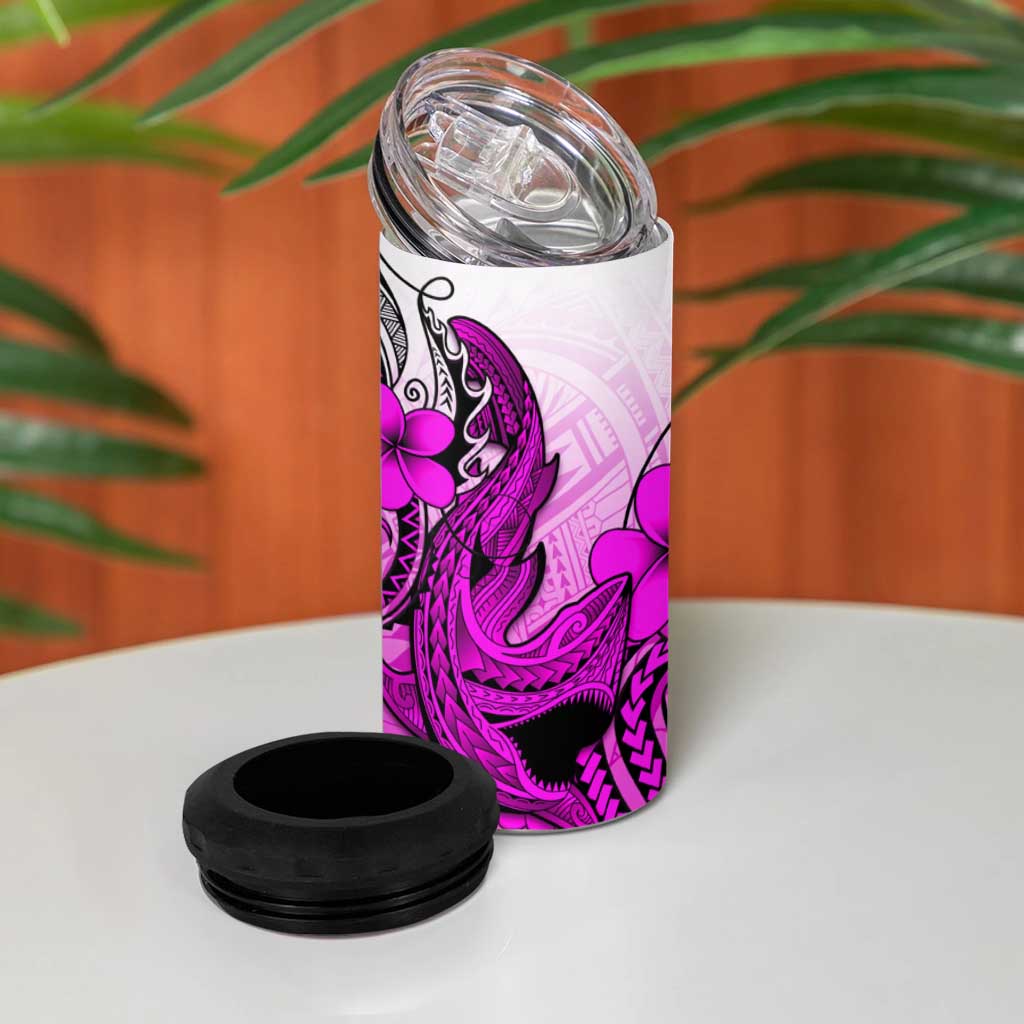 Hawaii 4 in 1 Can Cooler Tumbler Polynesian Shark Tattoo With Plumeria Pink Gradient