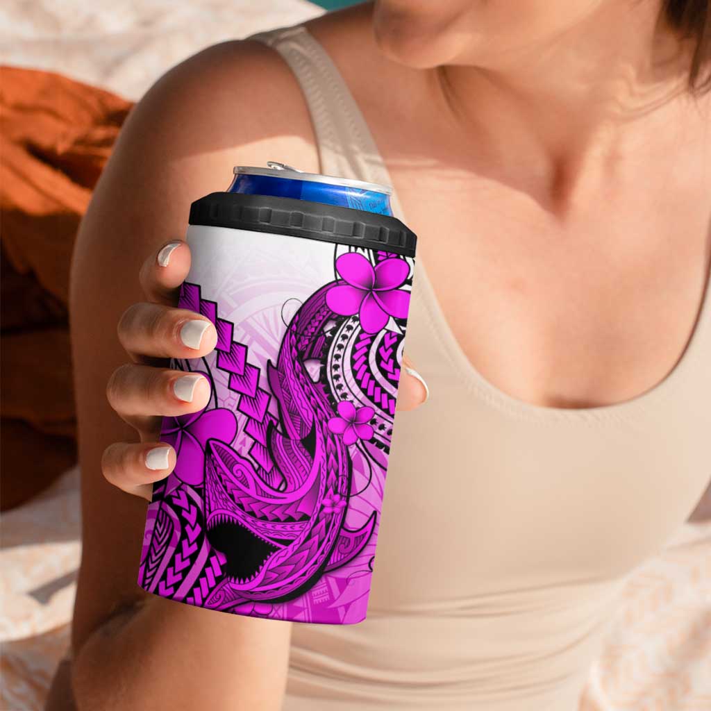 Hawaii 4 in 1 Can Cooler Tumbler Polynesian Shark Tattoo With Plumeria Pink Gradient