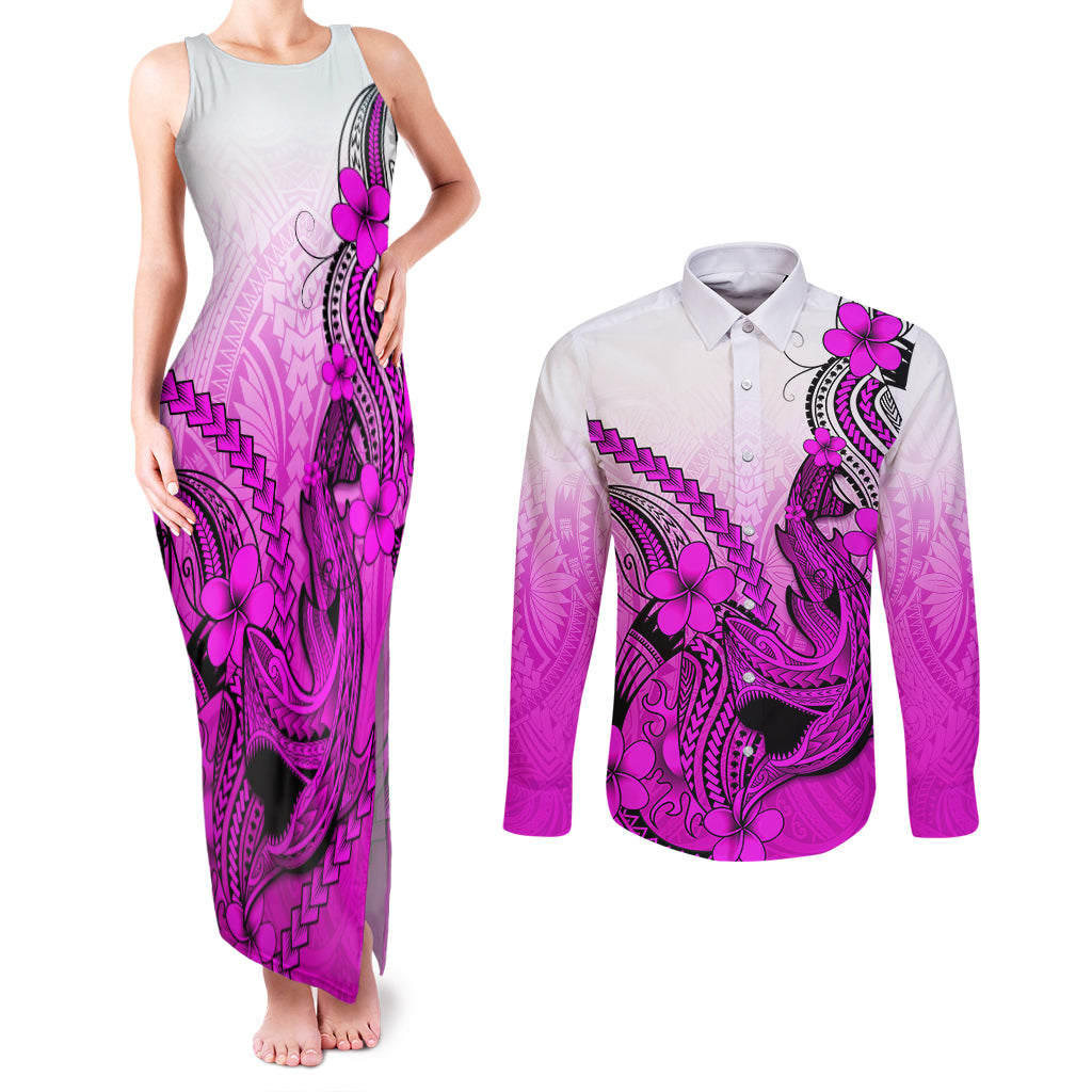 Hawaii Couples Matching Tank Maxi Dress and Long Sleeve Button Shirts Polynesian Shark Tattoo With Plumeria Pink Gradient LT14 Pink - Polynesian Pride