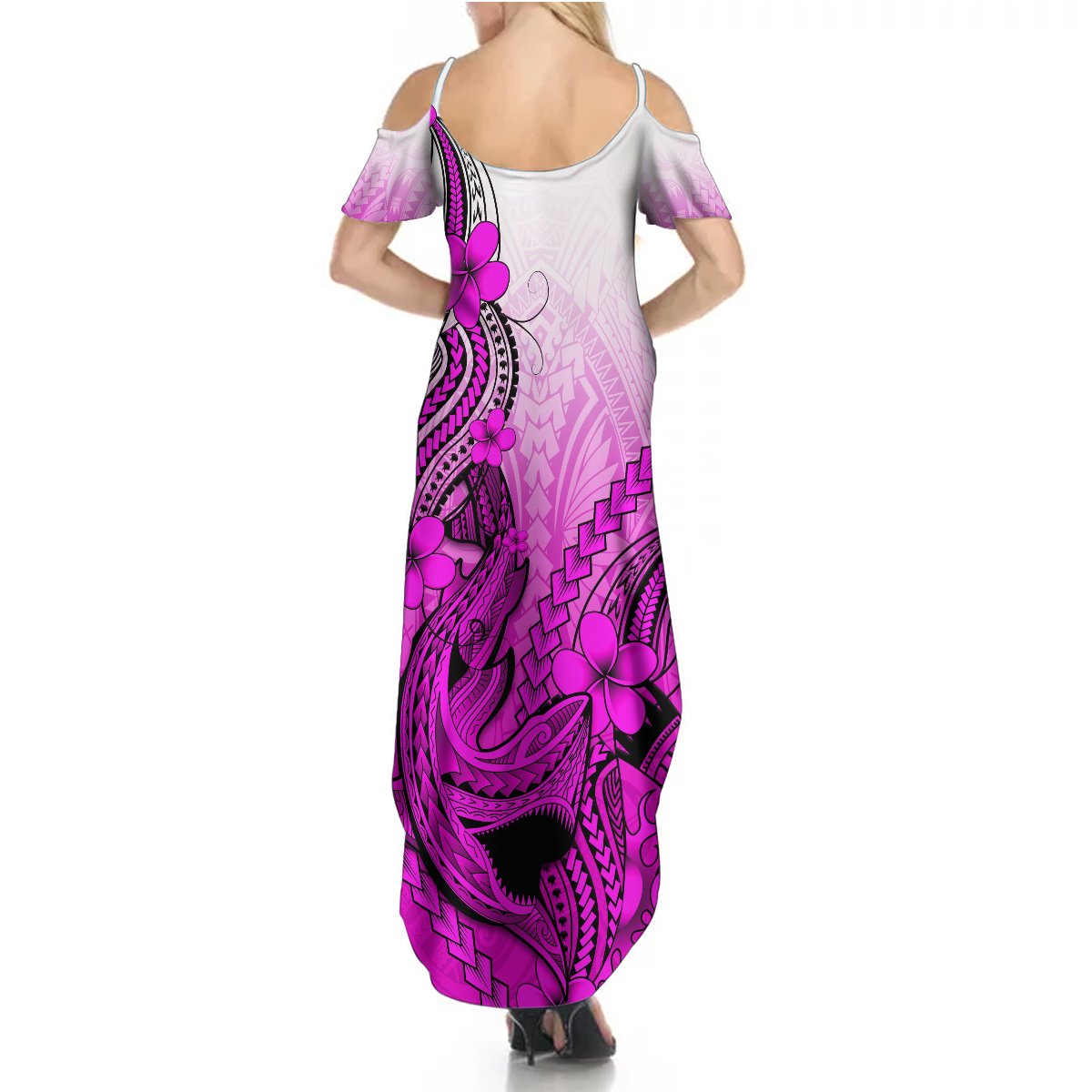 Hawaii Summer Maxi Dress Polynesian Shark Tattoo With Plumeria Pink Gradient LT14 - Polynesian Pride