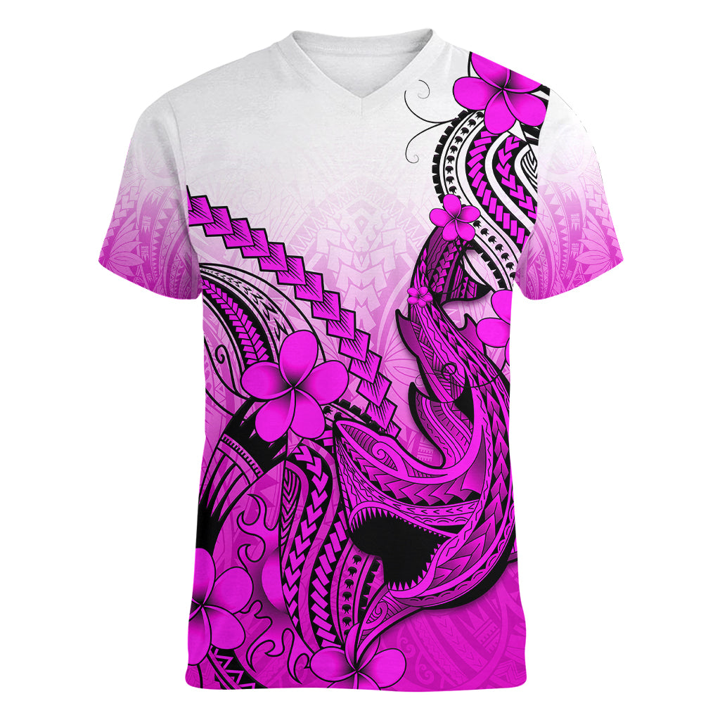 Hawaii Women V Neck T Shirt Polynesian Shark Tattoo With Plumeria Pink Gradient LT14 Female Pink - Polynesian Pride