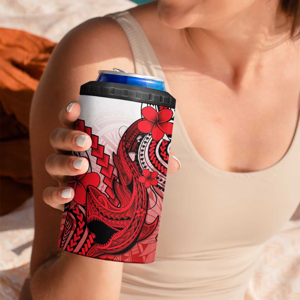 Hawaii 4 in 1 Can Cooler Tumbler Polynesian Shark Tattoo With Plumeria Red Gradient