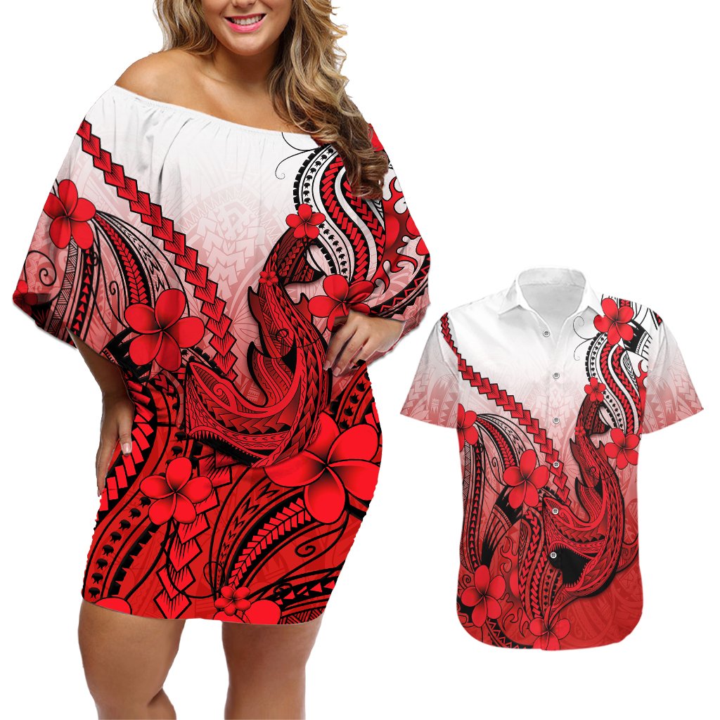 Hawaii Couples Matching Off Shoulder Short Dress and Hawaiian Shirt Polynesian Shark Tattoo With Plumeria Red Gradient LT14 Red - Polynesian Pride