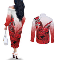 Hawaii Couples Matching Off The Shoulder Long Sleeve Dress and Long Sleeve Button Shirts Polynesian Shark Tattoo With Plumeria Red Gradient LT14 - Polynesian Pride