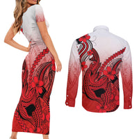 Hawaii Couples Matching Short Sleeve Bodycon Dress and Long Sleeve Button Shirts Polynesian Shark Tattoo With Plumeria Red Gradient LT14 - Polynesian Pride