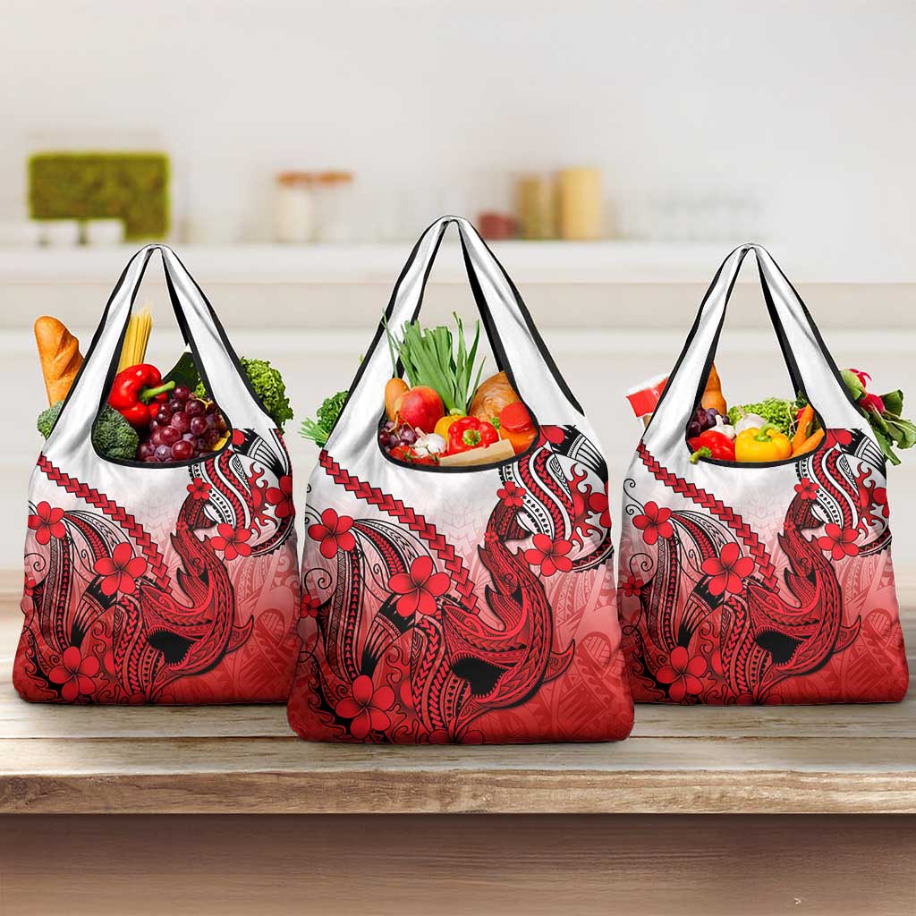 Red Gradient Hawaii Grocery Bag Polynesian Shark Tattoo With Plumeria