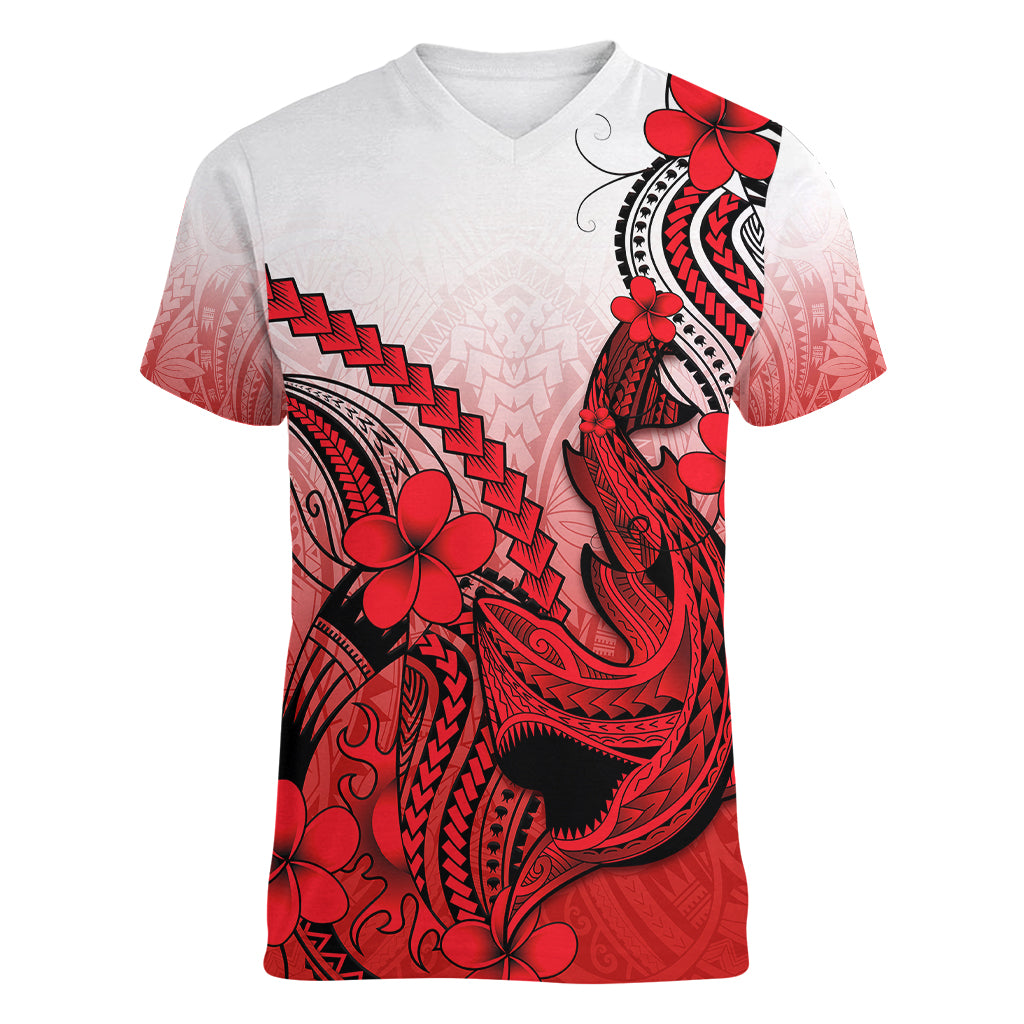 Hawaii Women V Neck T Shirt Polynesian Shark Tattoo With Plumeria Red Gradient LT14 Female Red - Polynesian Pride