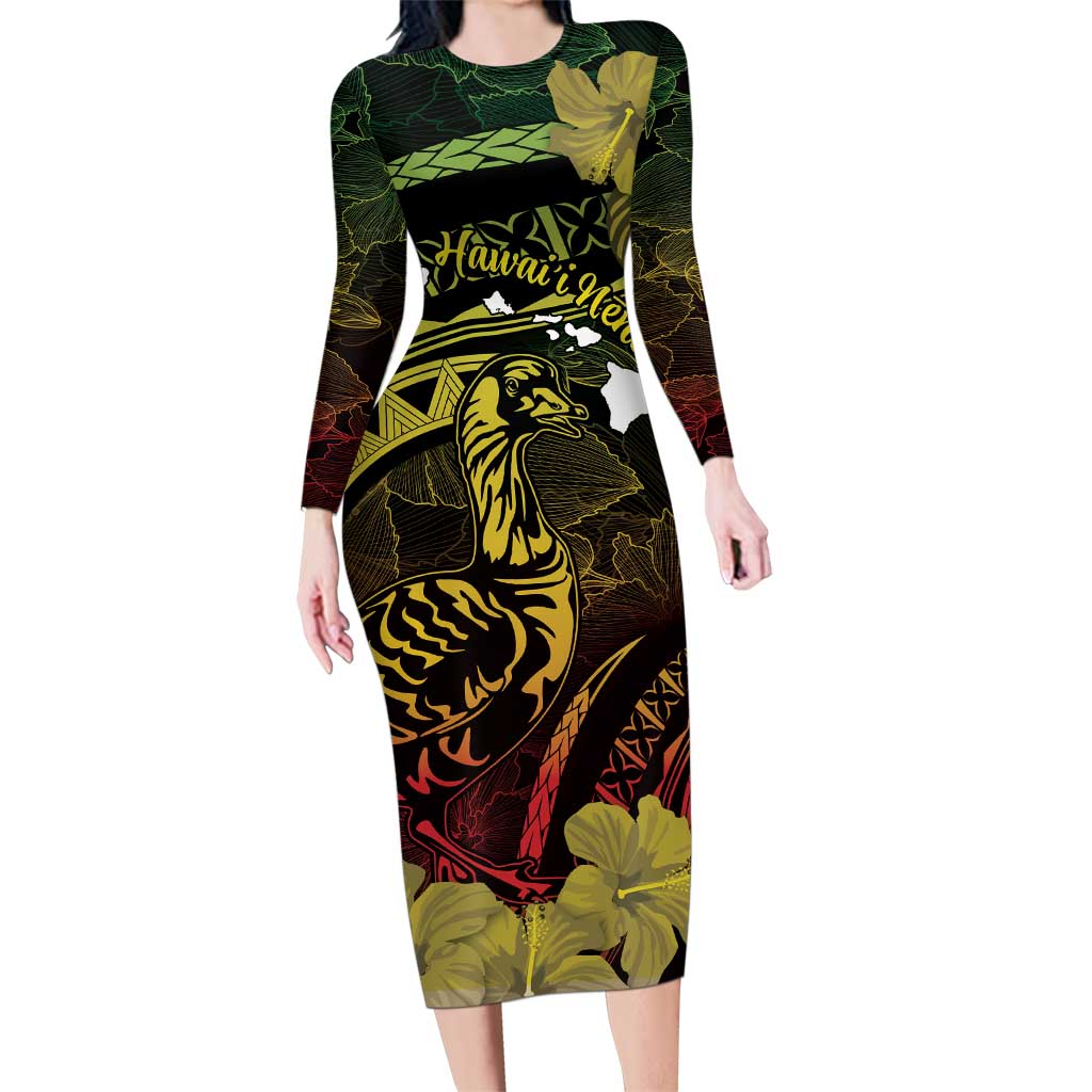 Personalised Hawaii Nene Goose Family Matching Long Sleeve Bodycon Dress and Hawaiian Shirt Hawaiian Map Hibiscus Polynesian Art - Reggae Gradient LT14 Mom's Dress Reggae - Polynesian Pride