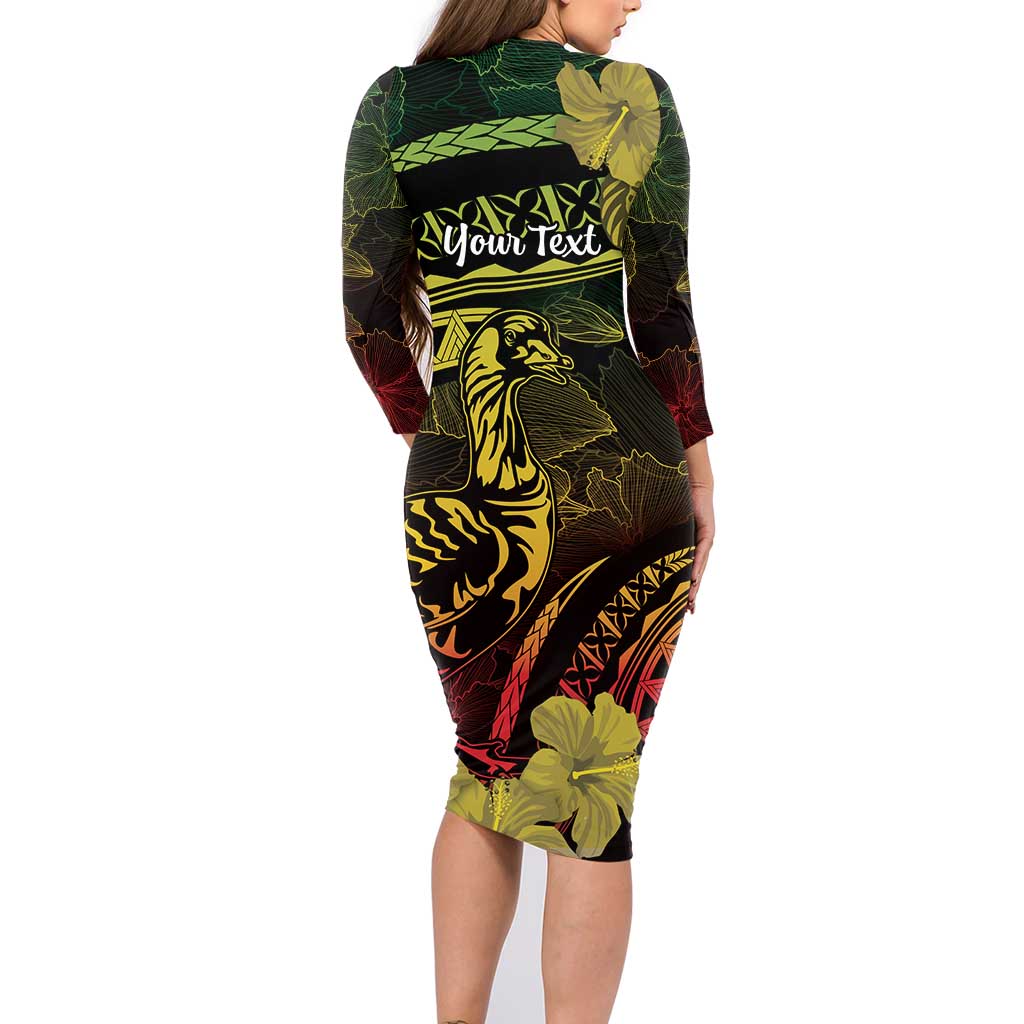 Personalised Hawaii Nene Goose Family Matching Long Sleeve Bodycon Dress and Hawaiian Shirt Hawaiian Map Hibiscus Polynesian Art - Reggae Gradient LT14 - Polynesian Pride