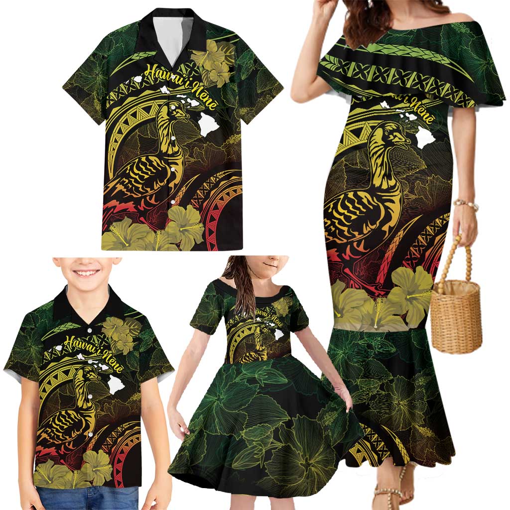 Personalised Hawaii Nene Goose Family Matching Mermaid Dress and Hawaiian Shirt Hawaiian Map Hibiscus Polynesian Art - Reggae Gradient LT14 - Polynesian Pride