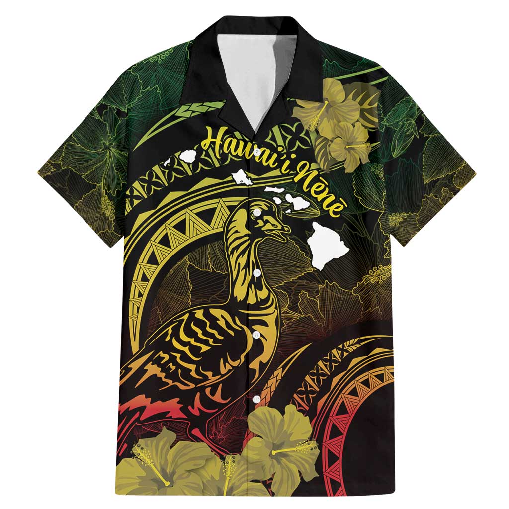 Personalised Hawaii Nene Goose Family Matching Mermaid Dress and Hawaiian Shirt Hawaiian Map Hibiscus Polynesian Art - Reggae Gradient LT14 Dad's Shirt - Short Sleeve Reggae - Polynesian Pride
