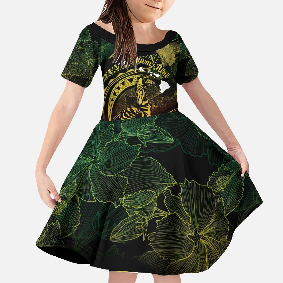 Personalised Hawaii Nene Goose Family Matching Off The Shoulder Long Sleeve Dress and Hawaiian Shirt Hawaiian Map Hibiscus Polynesian Art - Reggae Gradient LT14 Daughter's Dress Reggae - Polynesian Pride