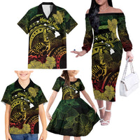Personalised Hawaii Nene Goose Family Matching Off The Shoulder Long Sleeve Dress and Hawaiian Shirt Hawaiian Map Hibiscus Polynesian Art - Reggae Gradient LT14 - Polynesian Pride