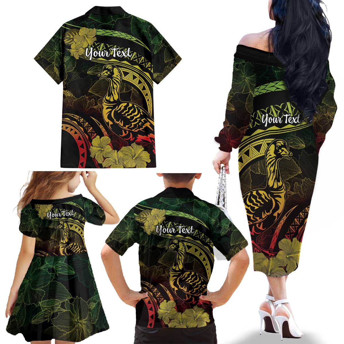 Personalised Hawaii Nene Goose Family Matching Off The Shoulder Long Sleeve Dress and Hawaiian Shirt Hawaiian Map Hibiscus Polynesian Art - Reggae Gradient LT14 - Polynesian Pride