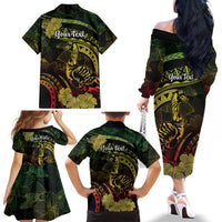 Personalised Hawaii Nene Goose Family Matching Off The Shoulder Long Sleeve Dress and Hawaiian Shirt Hawaiian Map Hibiscus Polynesian Art - Reggae Gradient LT14 - Polynesian Pride