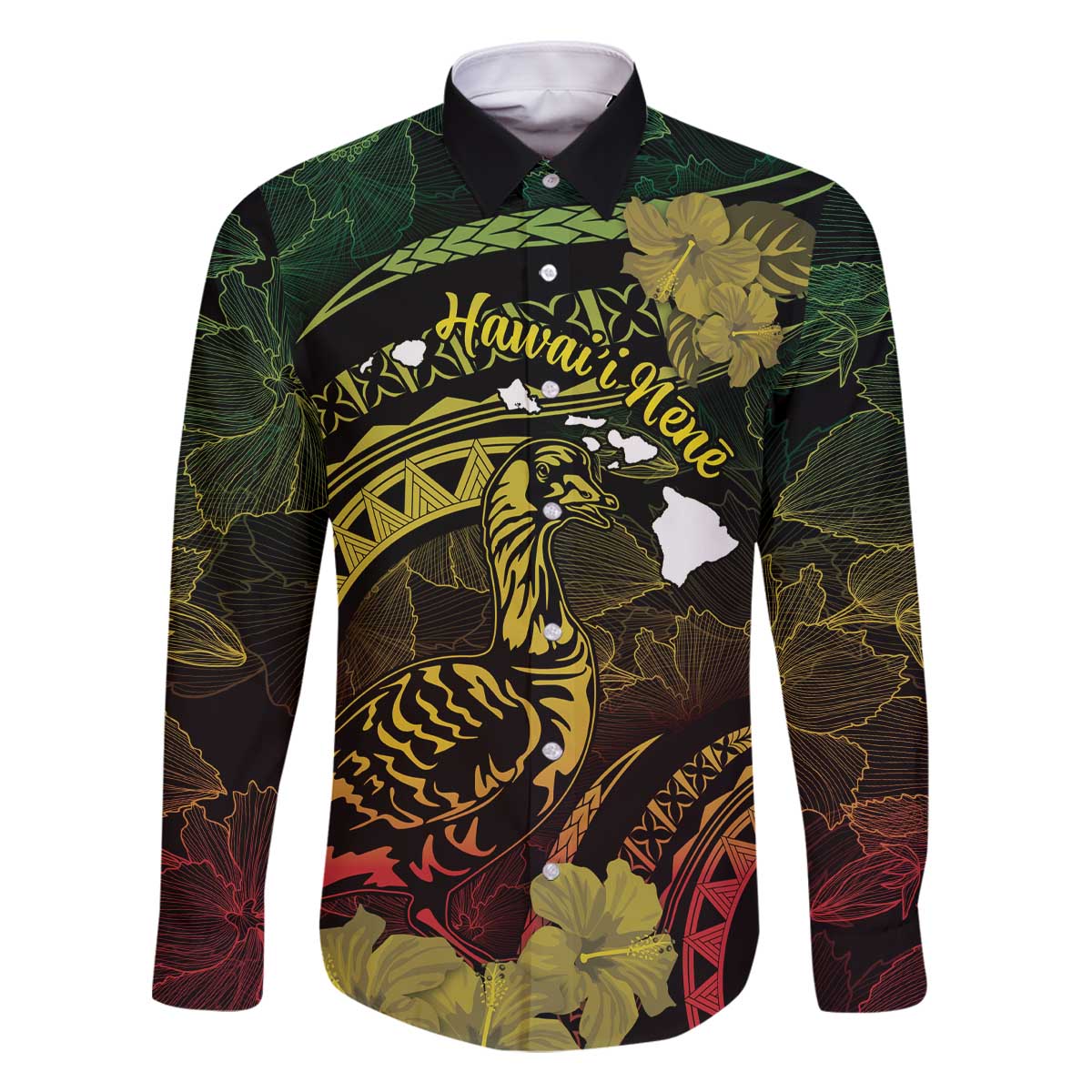Personalised Hawaii Nene Goose Family Matching Off The Shoulder Long Sleeve Dress and Hawaiian Shirt Hawaiian Map Hibiscus Polynesian Art - Reggae Gradient LT14 Dad's Shirt - Long Sleeve Reggae - Polynesian Pride