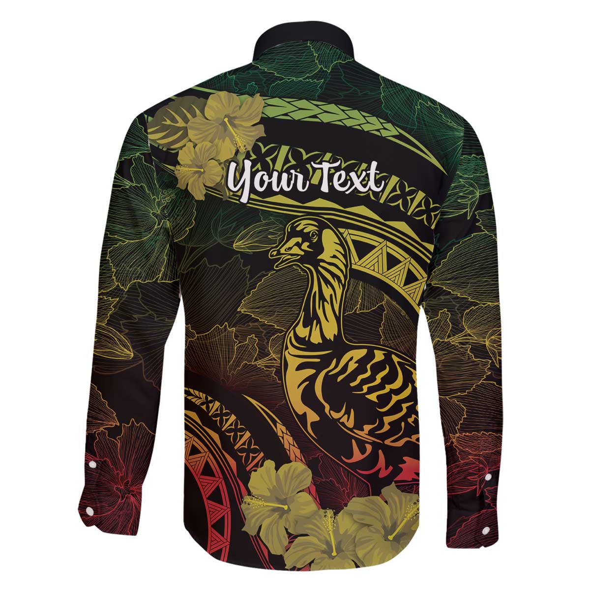Personalised Hawaii Nene Goose Family Matching Off The Shoulder Long Sleeve Dress and Hawaiian Shirt Hawaiian Map Hibiscus Polynesian Art - Reggae Gradient LT14 - Polynesian Pride
