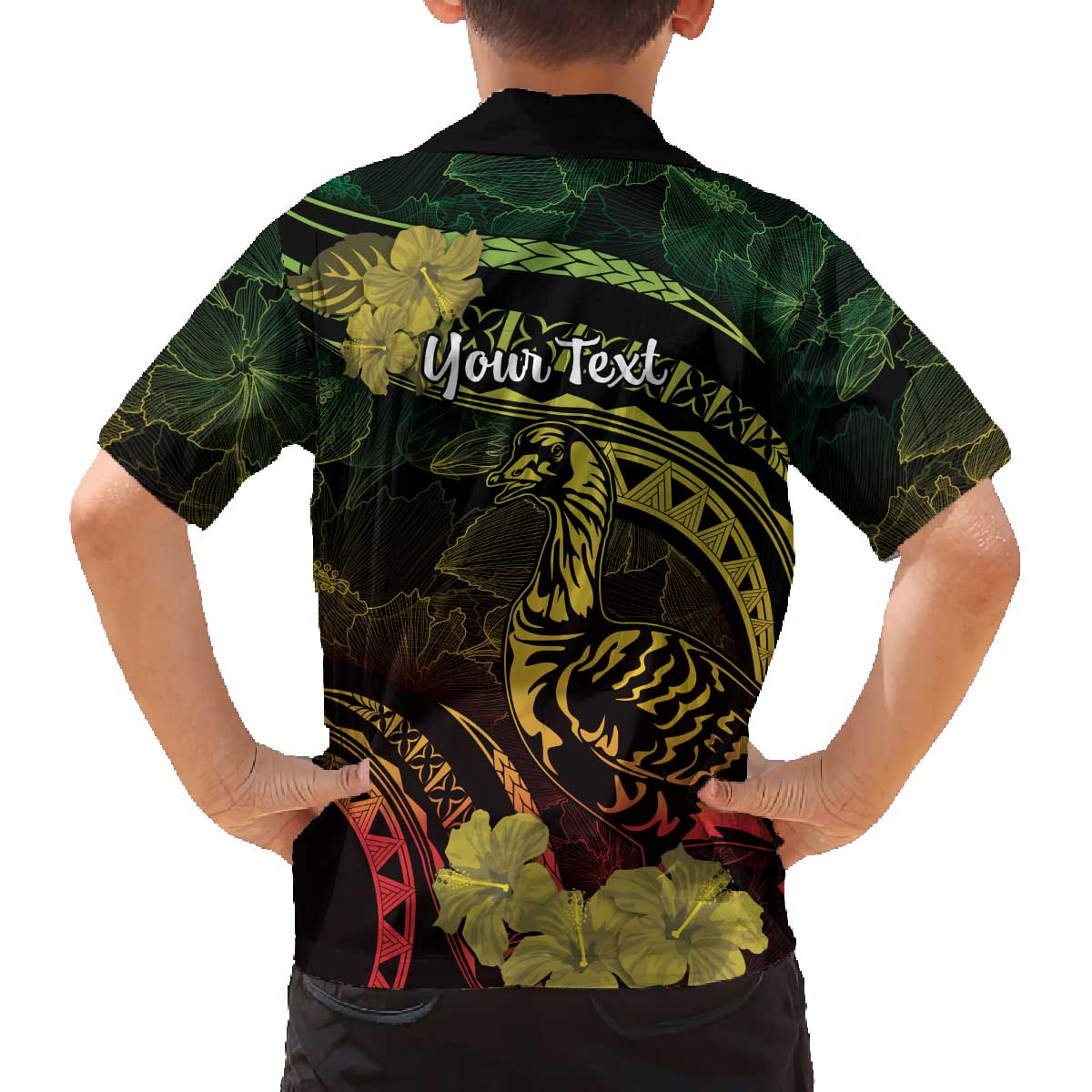 Personalised Hawaii Nene Goose Family Matching Off Shoulder Short Dress and Hawaiian Shirt Hawaiian Map Hibiscus Polynesian Art - Reggae Gradient LT14 - Polynesian Pride