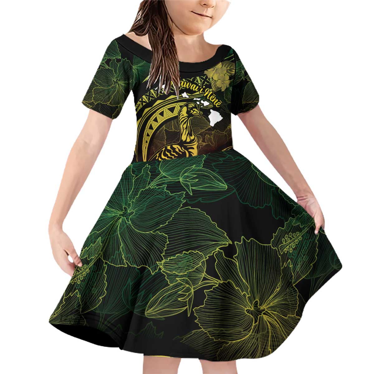 Personalised Hawaii Nene Goose Family Matching Off Shoulder Short Dress and Hawaiian Shirt Hawaiian Map Hibiscus Polynesian Art - Reggae Gradient LT14 Daughter's Dress Reggae - Polynesian Pride