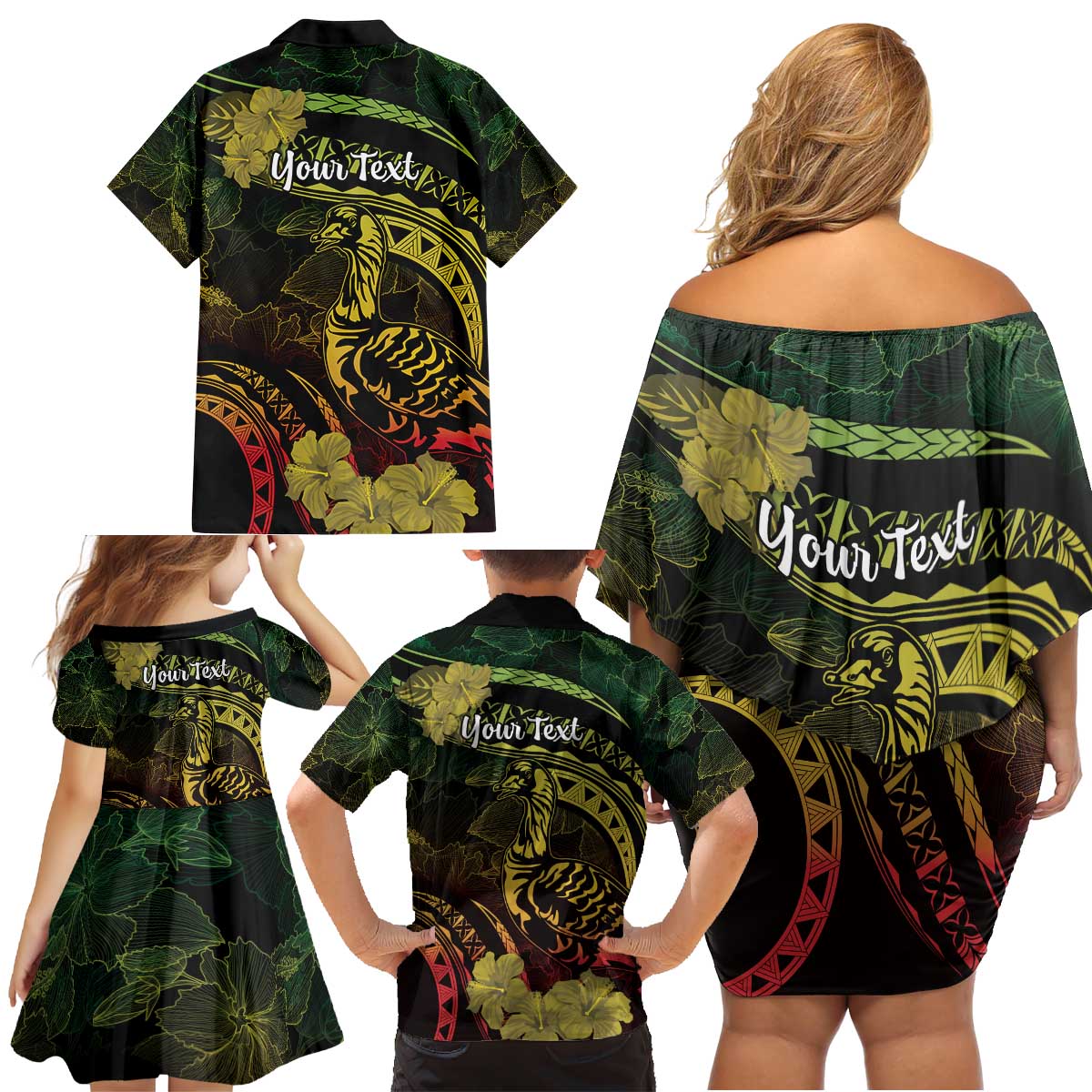 Personalised Hawaii Nene Goose Family Matching Off Shoulder Short Dress and Hawaiian Shirt Hawaiian Map Hibiscus Polynesian Art - Reggae Gradient LT14 - Polynesian Pride