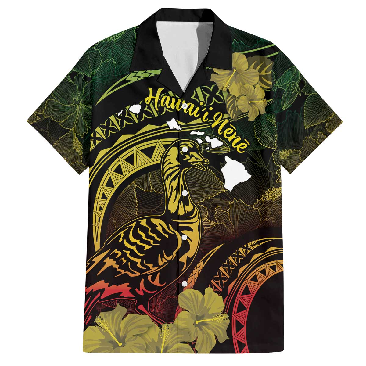 Personalised Hawaii Nene Goose Family Matching Off Shoulder Short Dress and Hawaiian Shirt Hawaiian Map Hibiscus Polynesian Art - Reggae Gradient LT14 Dad's Shirt - Short Sleeve Reggae - Polynesian Pride