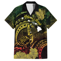 Personalised Hawaii Nene Goose Family Matching Off Shoulder Short Dress and Hawaiian Shirt Hawaiian Map Hibiscus Polynesian Art - Reggae Gradient LT14 Dad's Shirt - Short Sleeve Reggae - Polynesian Pride