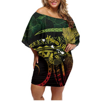 Personalised Hawaii Nene Goose Family Matching Off Shoulder Short Dress and Hawaiian Shirt Hawaiian Map Hibiscus Polynesian Art - Reggae Gradient LT14 Mom's Dress Reggae - Polynesian Pride