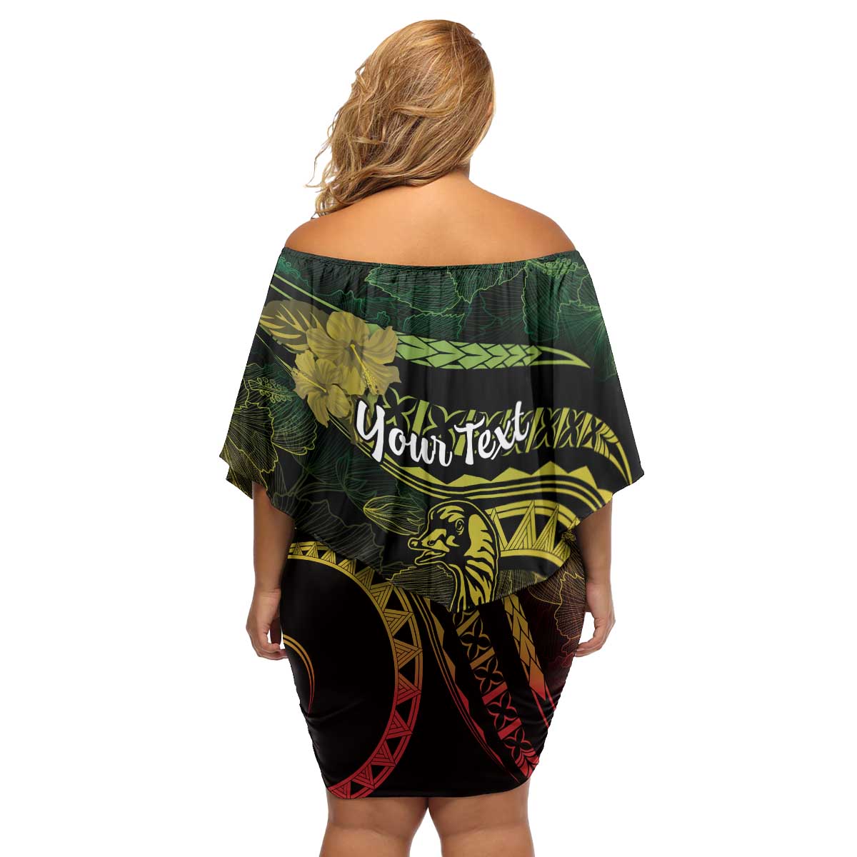 Personalised Hawaii Nene Goose Family Matching Off Shoulder Short Dress and Hawaiian Shirt Hawaiian Map Hibiscus Polynesian Art - Reggae Gradient LT14 - Polynesian Pride