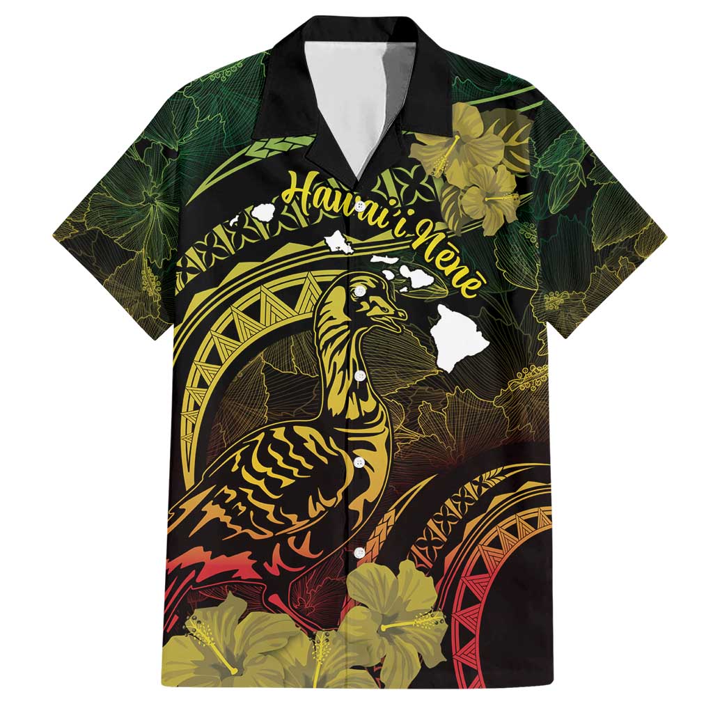 Personalised Hawaii Nene Goose Family Matching Short Sleeve Bodycon Dress and Hawaiian Shirt Hawaiian Map Hibiscus Polynesian Art - Reggae Gradient LT14 Dad's Shirt - Short Sleeve Reggae - Polynesian Pride